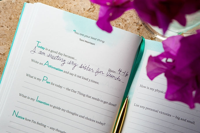 TAP IN wellness journal has yoga poses, an inspirational quote and daily prompts to begin your day in gratitude and mindfulness.